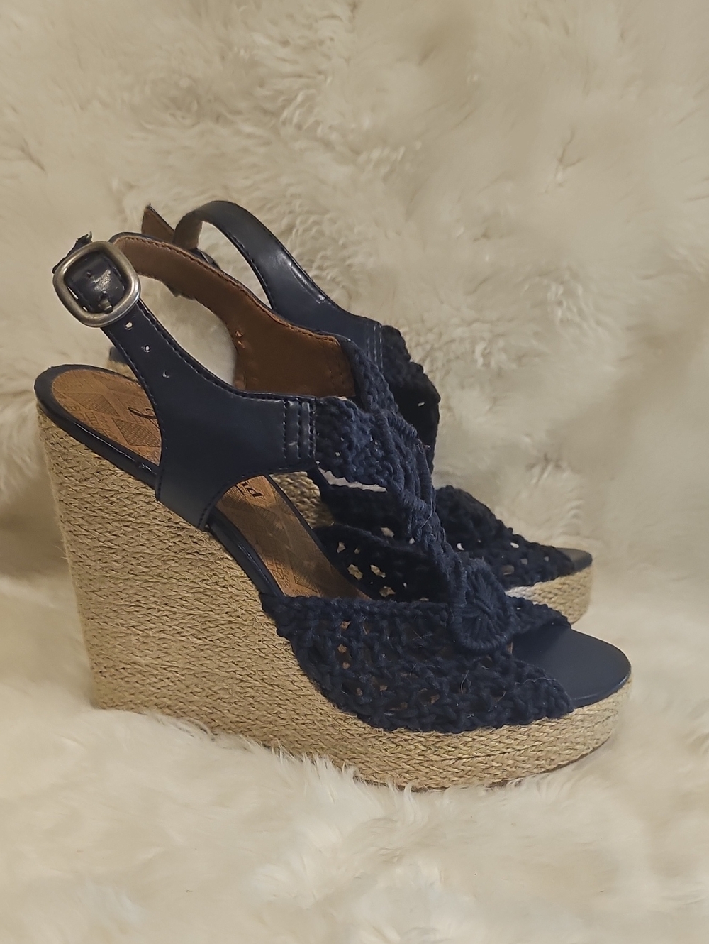 Lucky Brand Navy Crochet Espadrille Wedge Sandals Size 6.5